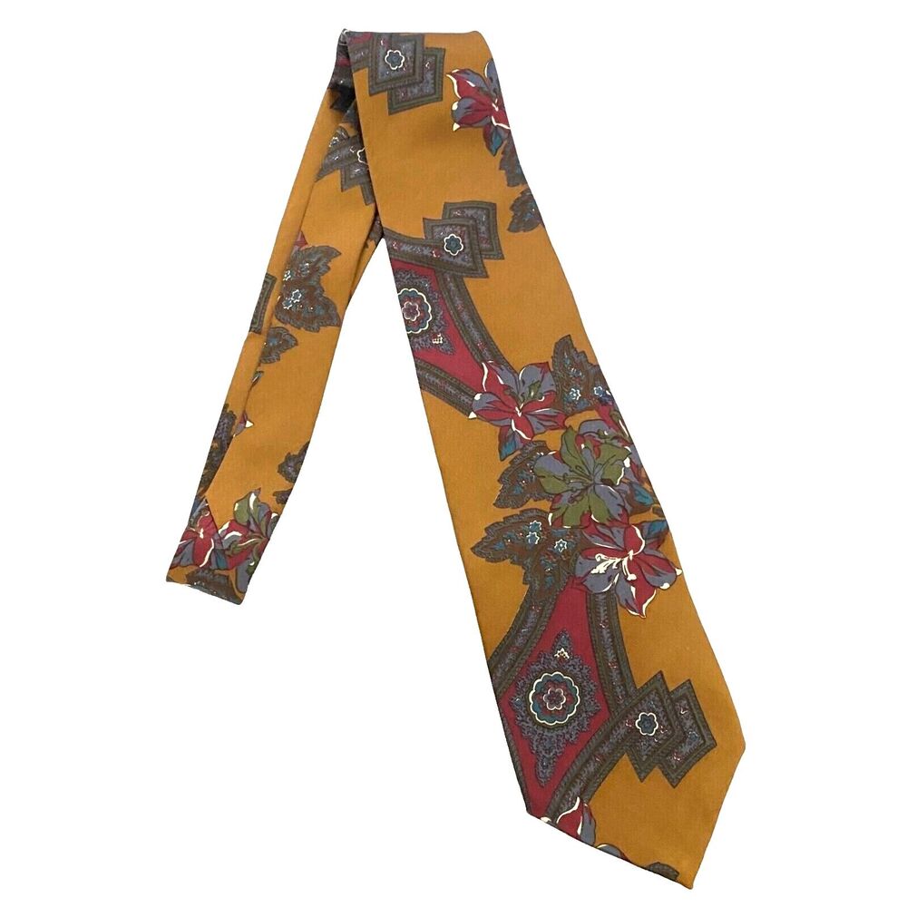 #5938 Allen Lolly Bronze with Royal Blue and Red Floral Pattern Mens Necktie Tie